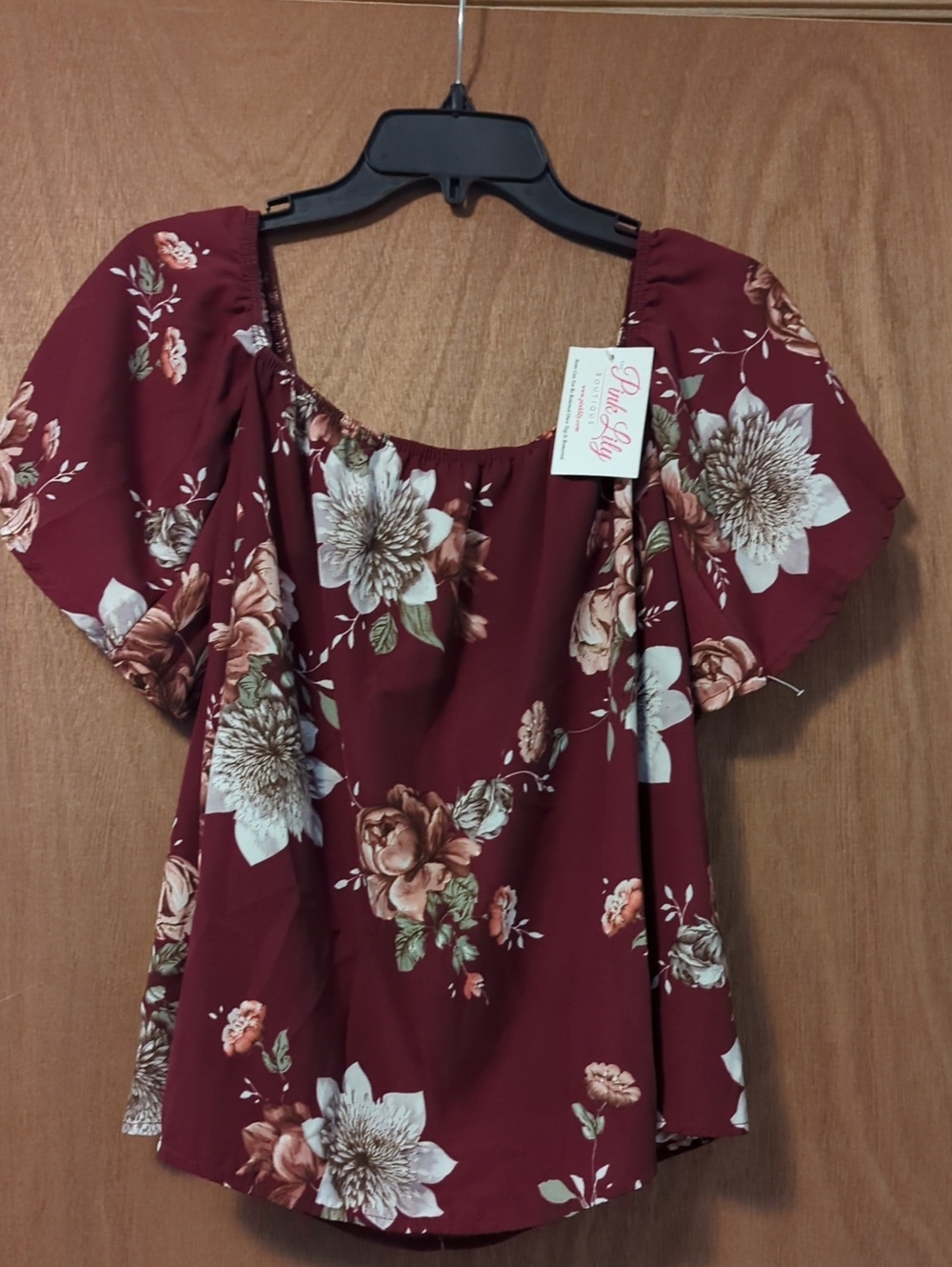 Pink Lily Burgundy Floral Square-Neck Puff Sleeve Blouse